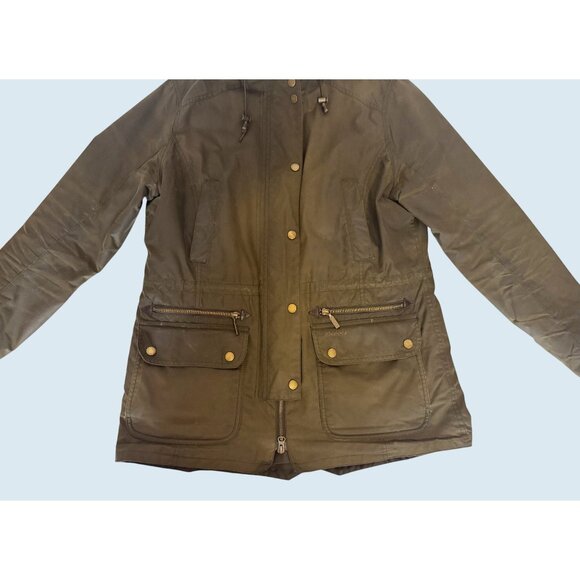 BARBOUR Kelsall Wax Coated Army Green Parka Jacket Coat Size 10 - Picture 4 of 11